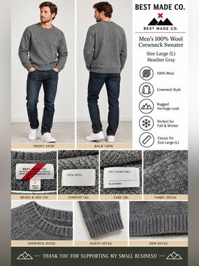 Best Made Co. Men’s Large 100% Wool Crewneck Sweater Heather Gray